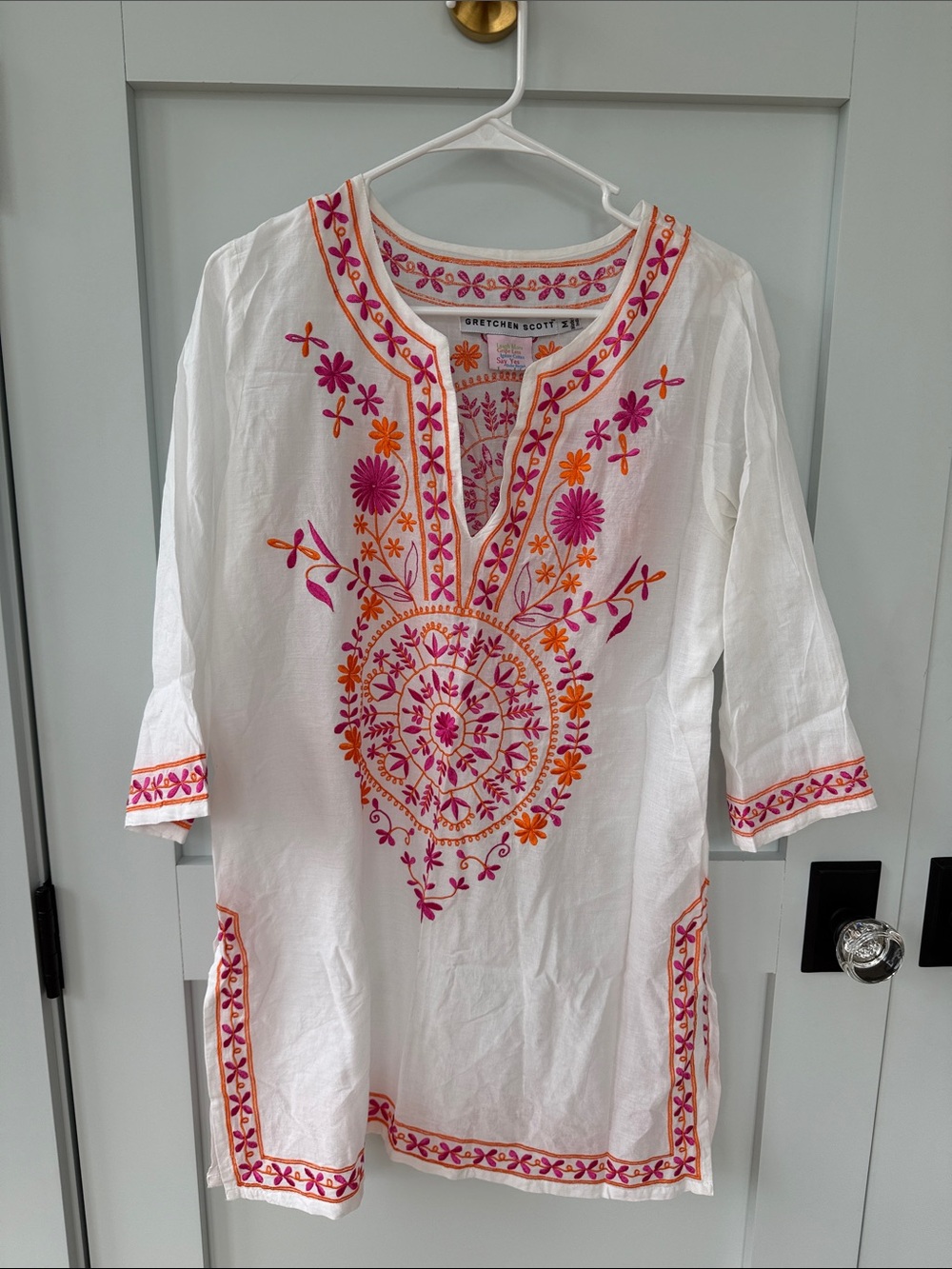 Gretchen Scott Designs White Tunic with Pink & Orange Embroidery